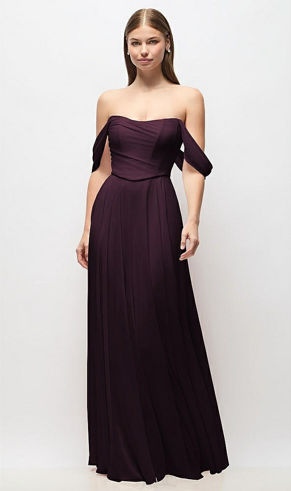Front View - Deep Plum Off-the-Shoulder Basque Corset Chiffon Maxi Dress
