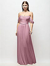 Front View Thumbnail - Dusty Pink Off-the-Shoulder Basque Corset Chiffon Maxi Dress