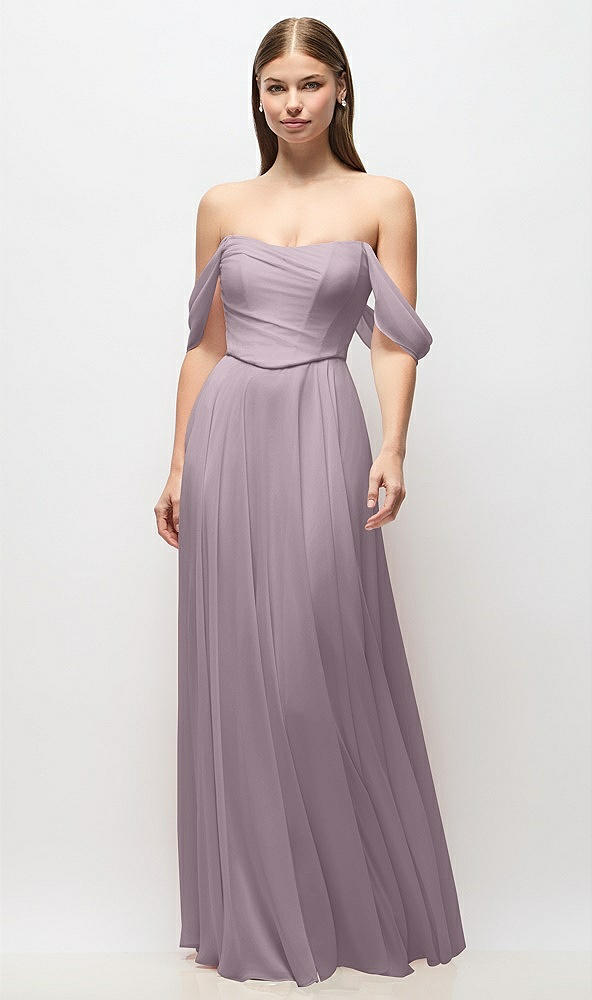 Front View - Lilac Dusk Off-the-Shoulder Basque Corset Chiffon Maxi Dress