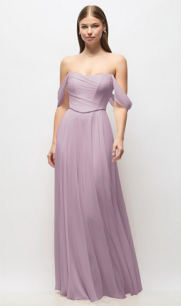 Front View - Suede Rose Off-the-Shoulder Basque Corset Chiffon Maxi Dress