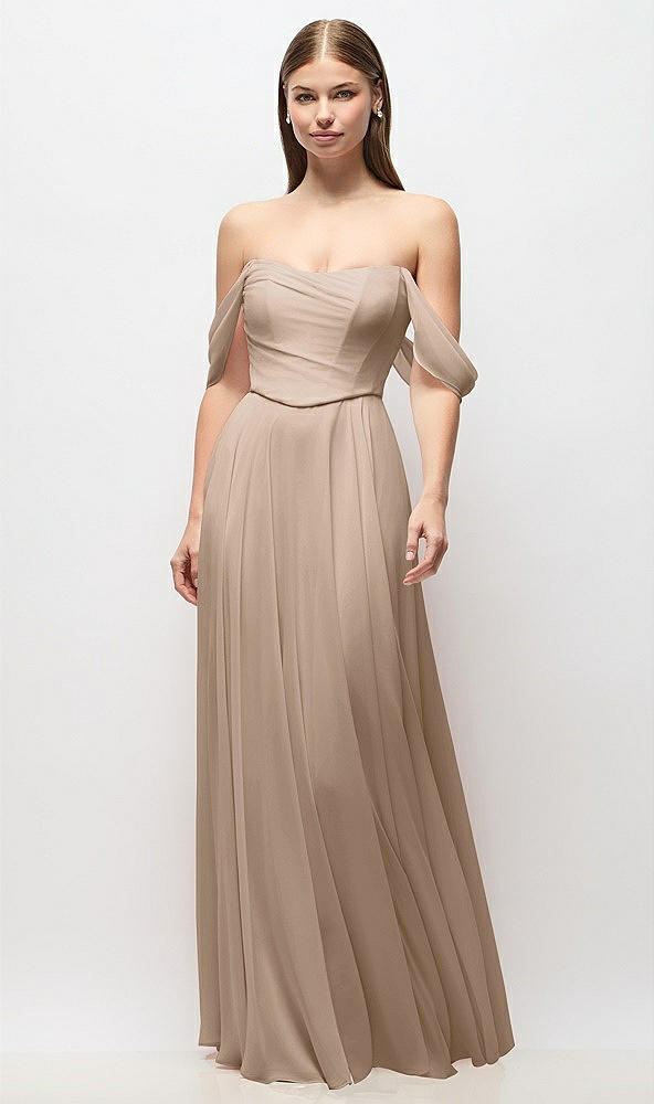 Front View - Topaz Off-the-Shoulder Basque Corset Chiffon Maxi Dress