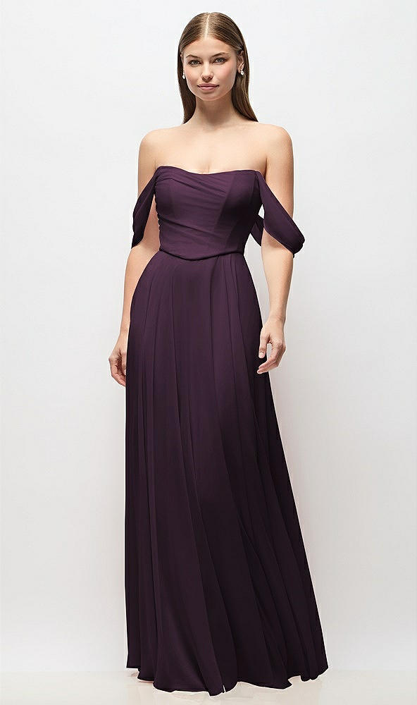 Front View - Aubergine Off-the-Shoulder Basque Corset Chiffon Maxi Dress