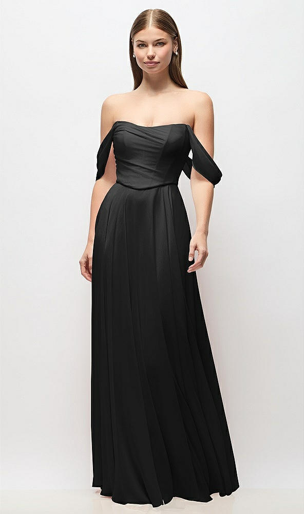 Front View - Black Off-the-Shoulder Basque Corset Chiffon Maxi Dress