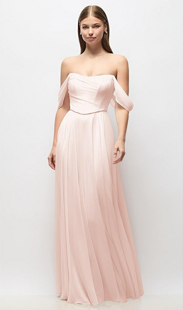 Front View - Blush Off-the-Shoulder Basque Corset Chiffon Maxi Dress