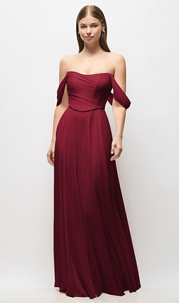Front View - Burgundy Off-the-Shoulder Basque Corset Chiffon Maxi Dress