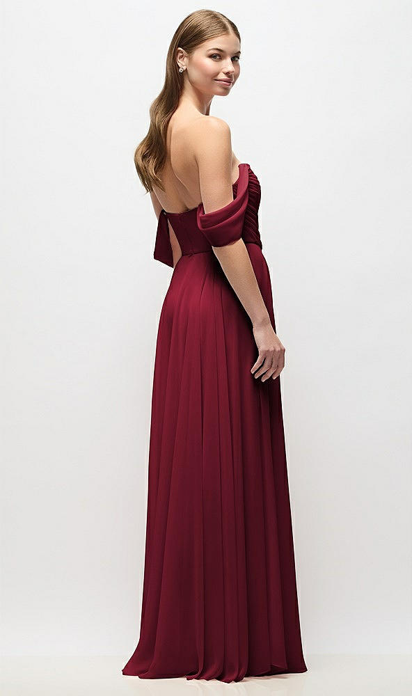 Back View - Burgundy Off-the-Shoulder Basque Corset Chiffon Maxi Dress