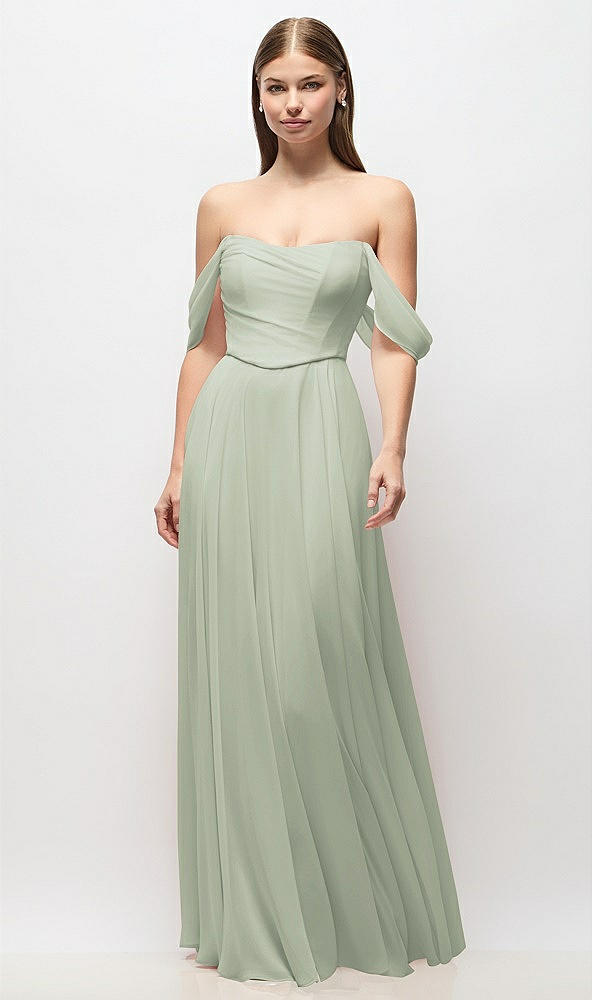 Front View - Celadon Off-the-Shoulder Basque Corset Chiffon Maxi Dress