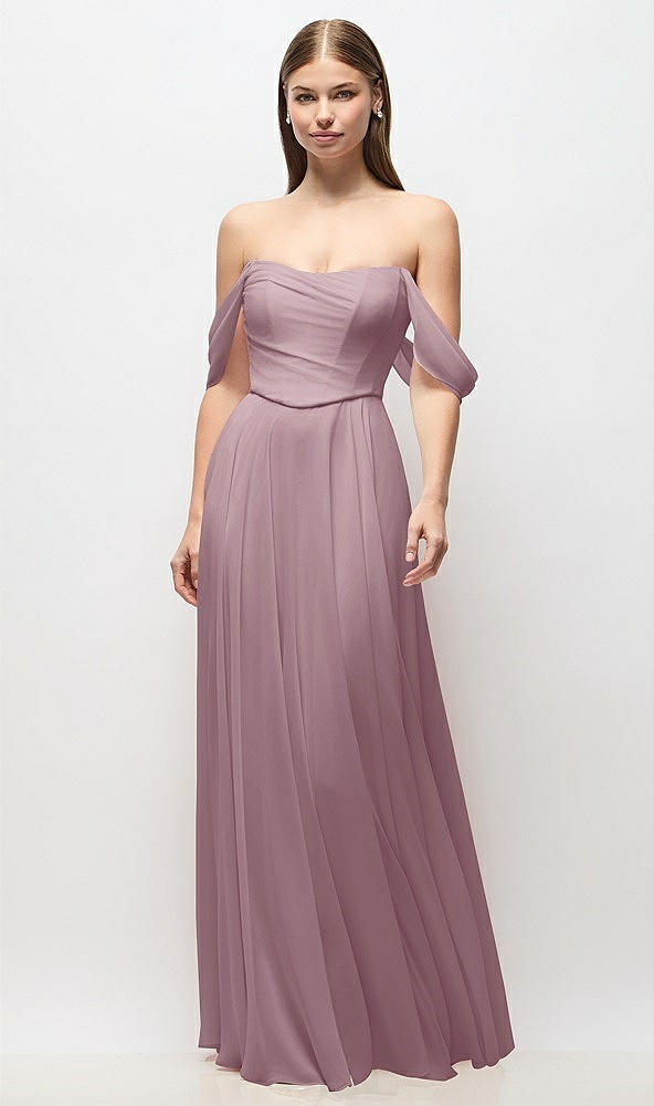 Front View - Dusty Rose Off-the-Shoulder Basque Corset Chiffon Maxi Dress