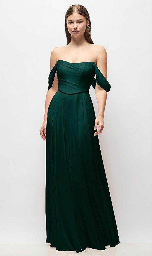 Front View - Evergreen Off-the-Shoulder Basque Corset Chiffon Maxi Dress