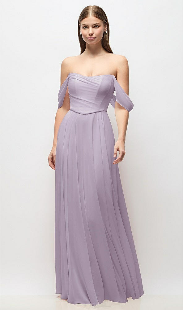 Front View - Lilac Haze Off-the-Shoulder Basque Corset Chiffon Maxi Dress