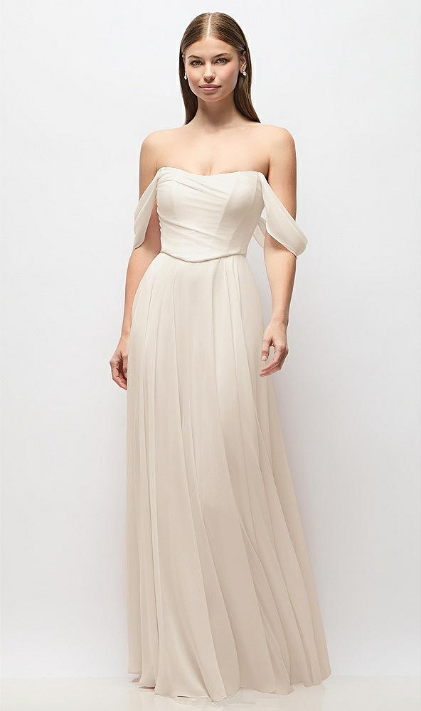 Front View - Oat Off-the-Shoulder Basque Corset Chiffon Maxi Dress