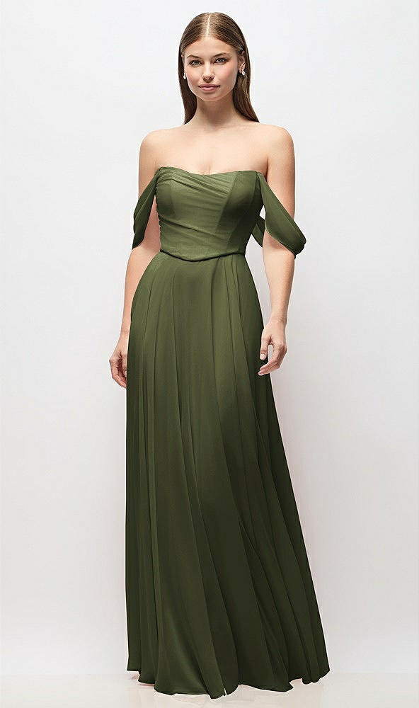 Front View - Olive Green Off-the-Shoulder Basque Corset Chiffon Maxi Dress