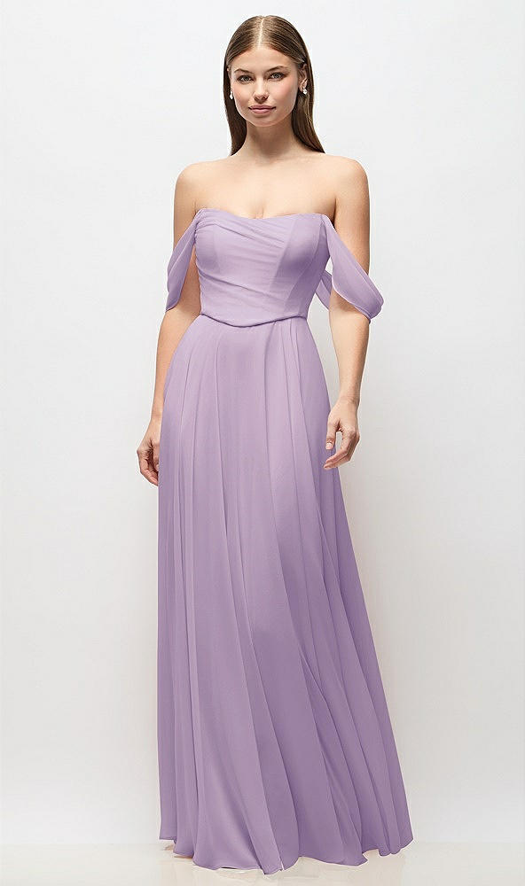 Front View - Pale Purple Off-the-Shoulder Basque Corset Chiffon Maxi Dress