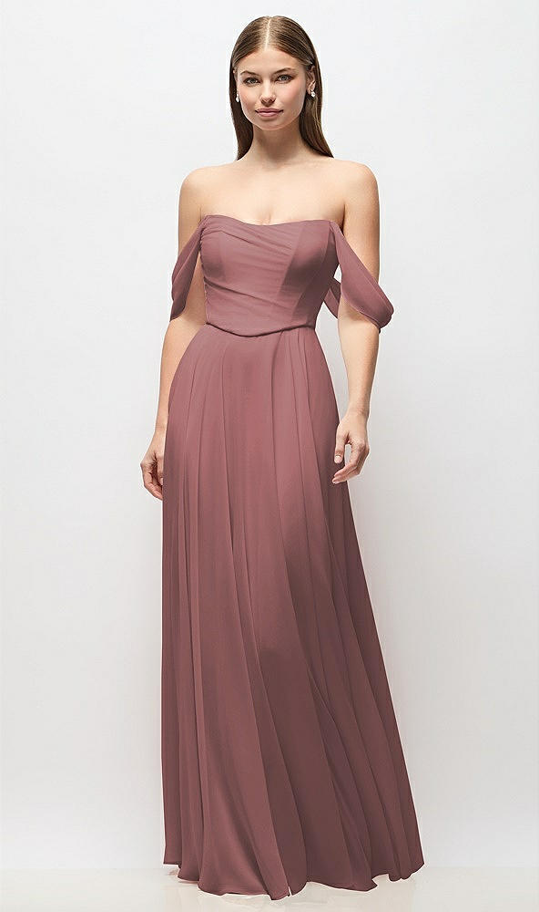 Front View - Rosewood Off-the-Shoulder Basque Corset Chiffon Maxi Dress