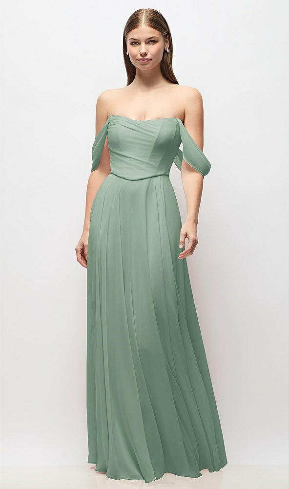 Front View - Seagrass Off-the-Shoulder Basque Corset Chiffon Maxi Dress