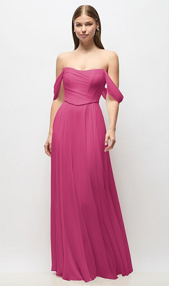 Front View - Tea Rose Off-the-Shoulder Basque Corset Chiffon Maxi Dress