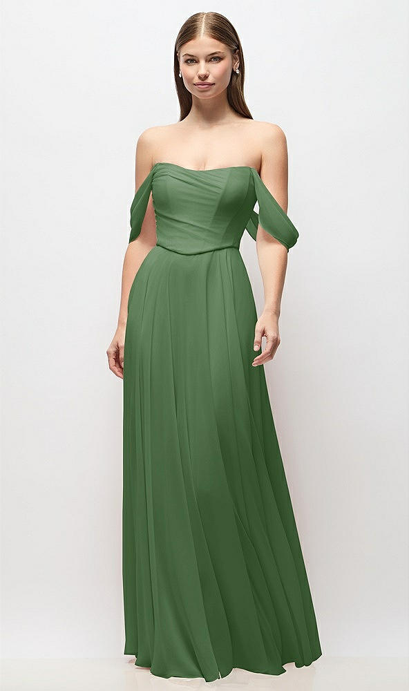 Front View - Vineyard Green Off-the-Shoulder Basque Corset Chiffon Maxi Dress