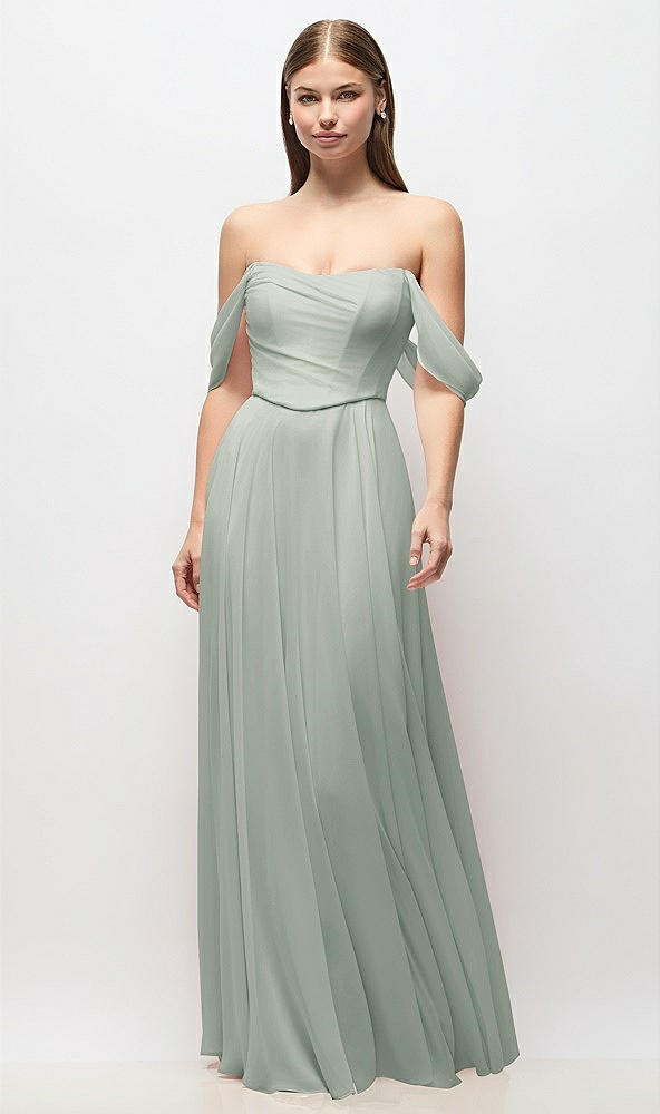 Front View - Willow Green Off-the-Shoulder Basque Corset Chiffon Maxi Dress