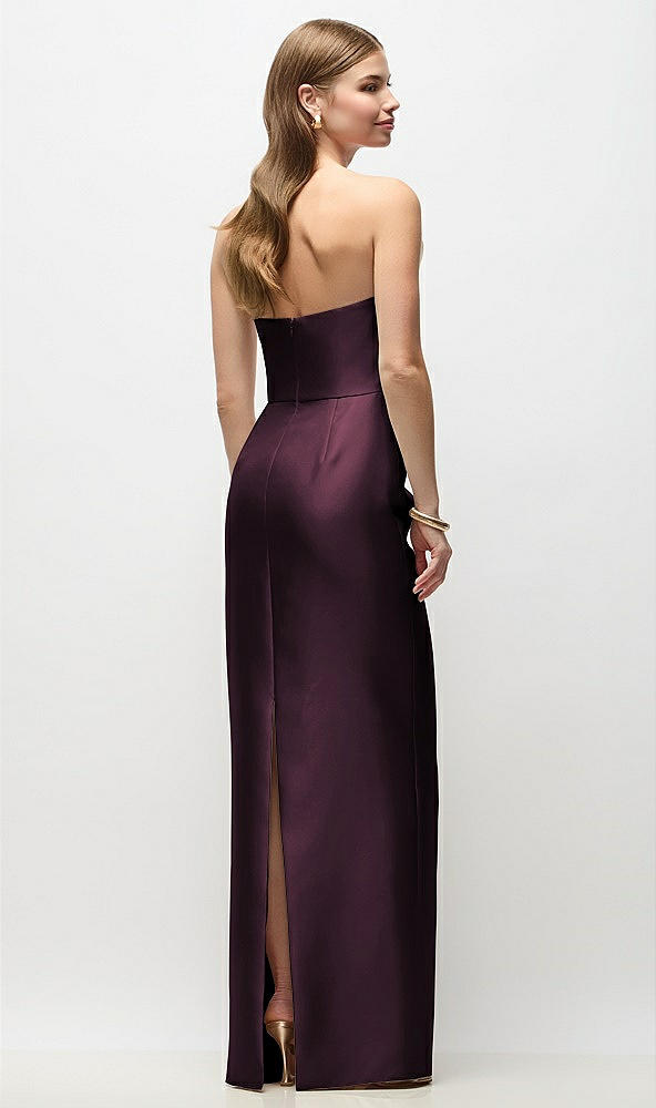 Back View - Deep Plum Strapless Asymmetrical Draped Satin Column Maxi Dress