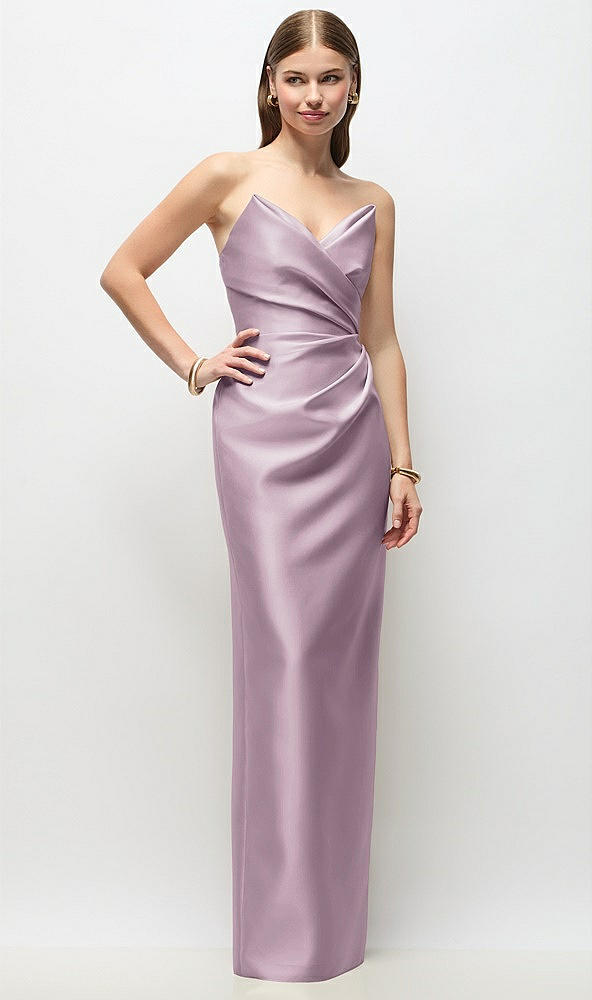 Front View - Suede Rose Strapless Asymmetrical Draped Satin Column Maxi Dress