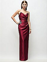 Front View Thumbnail - Burgundy Strapless Asymmetrical Draped Satin Column Maxi Dress