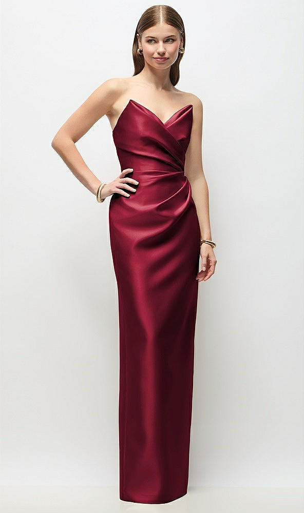 Front View - Burgundy Strapless Asymmetrical Draped Satin Column Maxi Dress