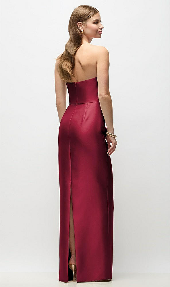 Back View - Burgundy Strapless Asymmetrical Draped Satin Column Maxi Dress