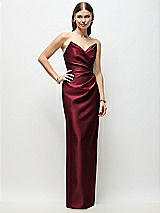 Front View Thumbnail - Cabernet Strapless Asymmetrical Draped Satin Column Maxi Dress