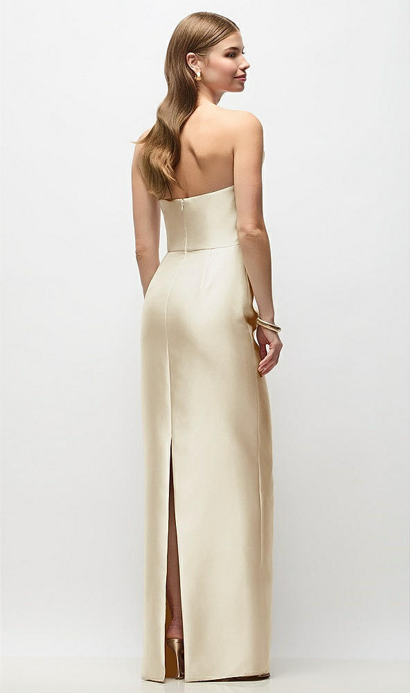 Back View - Champagne Strapless Asymmetrical Draped Satin Column Maxi Dress