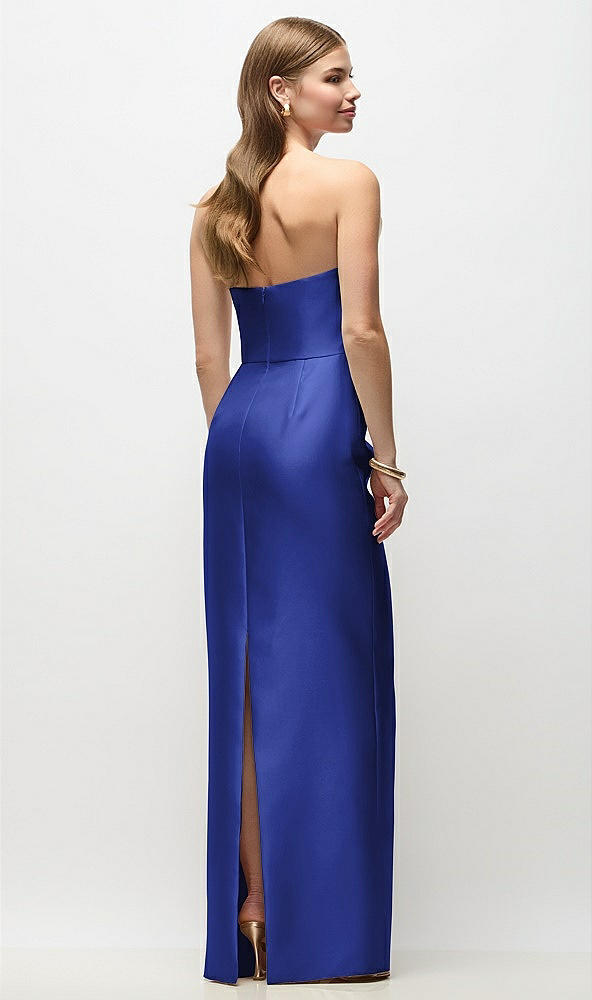 Back View - Cobalt Blue Strapless Asymmetrical Draped Satin Column Maxi Dress