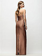 Rear View Thumbnail - Cognac Strapless Asymmetrical Draped Satin Column Maxi Dress