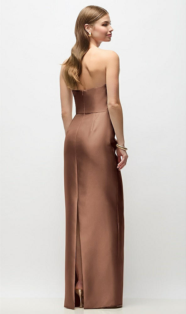 Back View - Cognac Strapless Asymmetrical Draped Satin Column Maxi Dress
