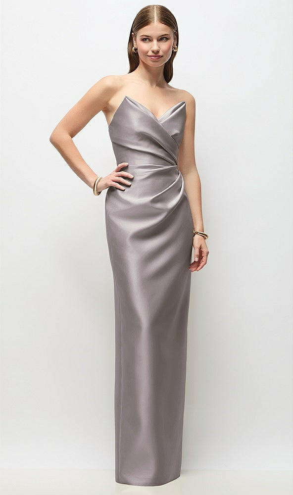 Front View - Cashmere Gray Strapless Asymmetrical Draped Satin Column Maxi Dress
