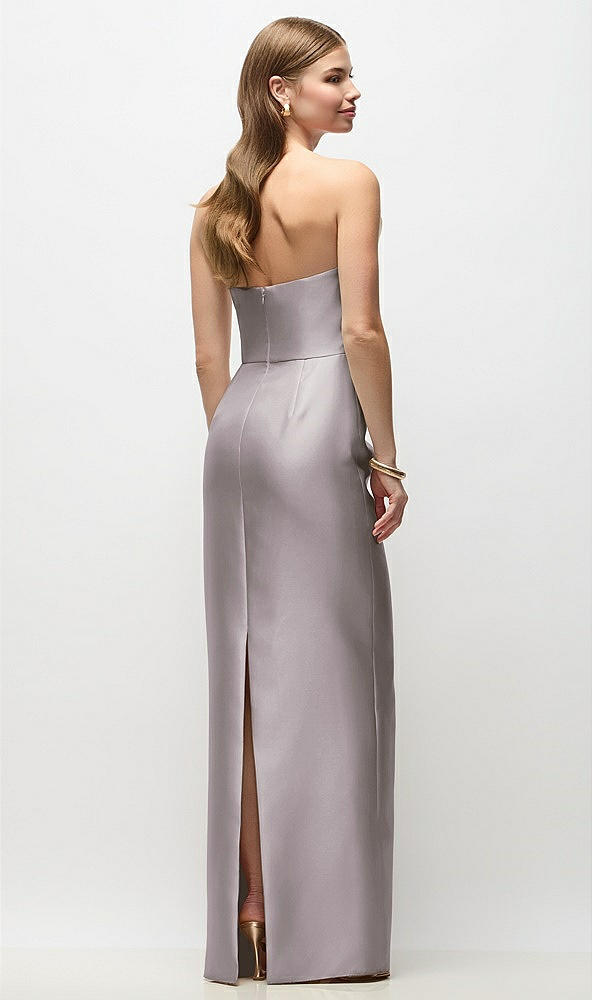 Back View - Cashmere Gray Strapless Asymmetrical Draped Satin Column Maxi Dress