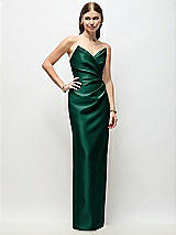 Front View Thumbnail - Hunter Green Strapless Asymmetrical Draped Satin Column Maxi Dress