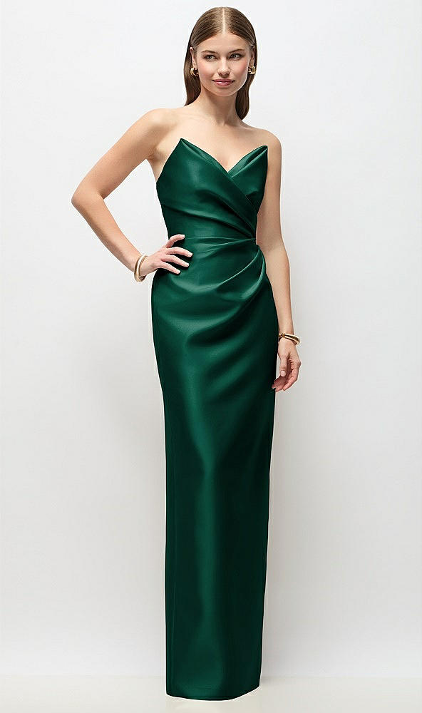 Front View - Hunter Green Strapless Asymmetrical Draped Satin Column Maxi Dress
