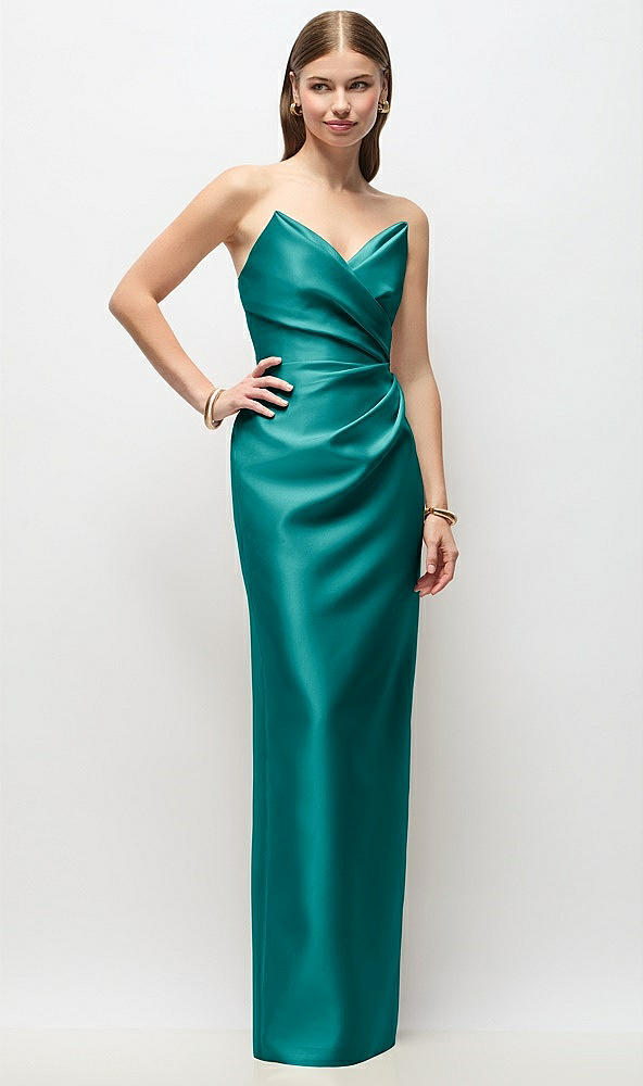 Front View - Jade Strapless Asymmetrical Draped Satin Column Maxi Dress