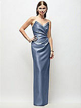 Front View Thumbnail - Larkspur Blue Strapless Asymmetrical Draped Satin Column Maxi Dress