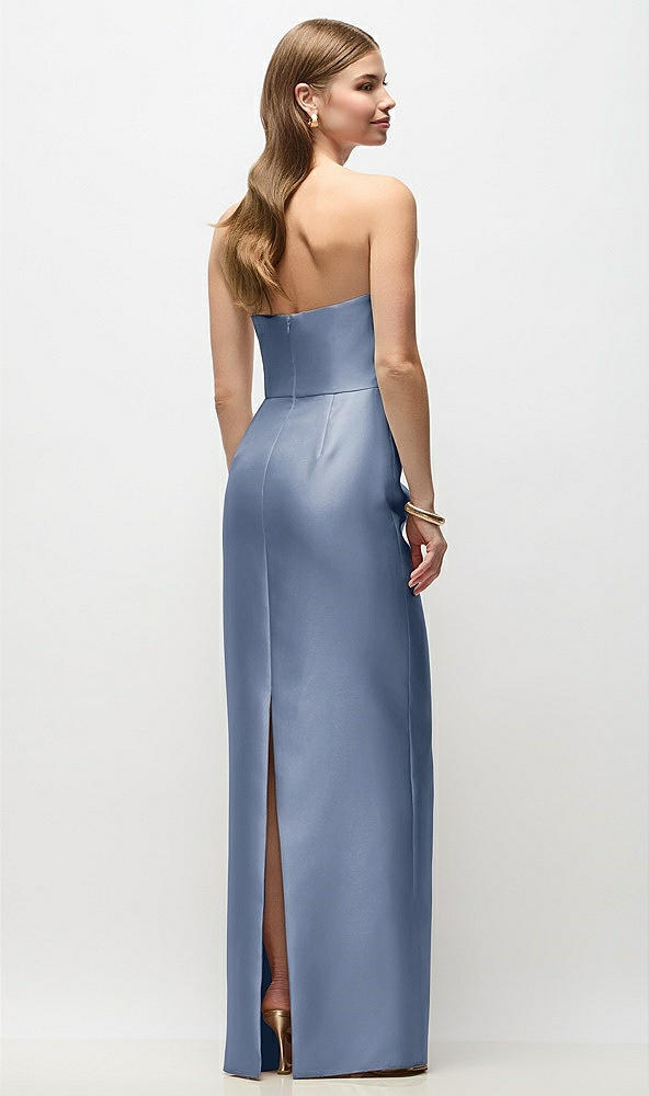 Back View - Larkspur Blue Strapless Asymmetrical Draped Satin Column Maxi Dress