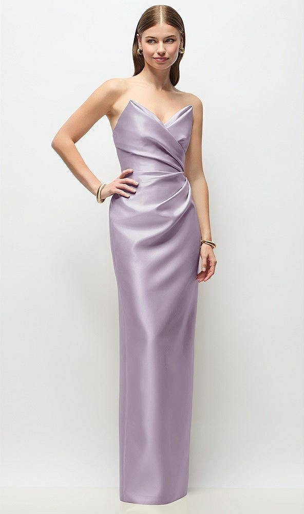 Front View - Lilac Haze Strapless Asymmetrical Draped Satin Column Maxi Dress