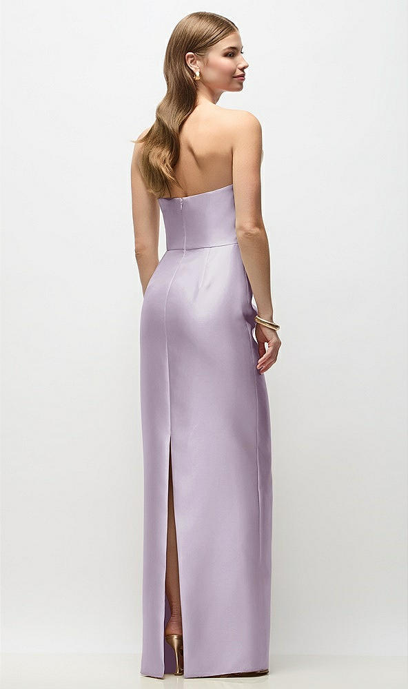 Back View - Lilac Haze Strapless Asymmetrical Draped Satin Column Maxi Dress
