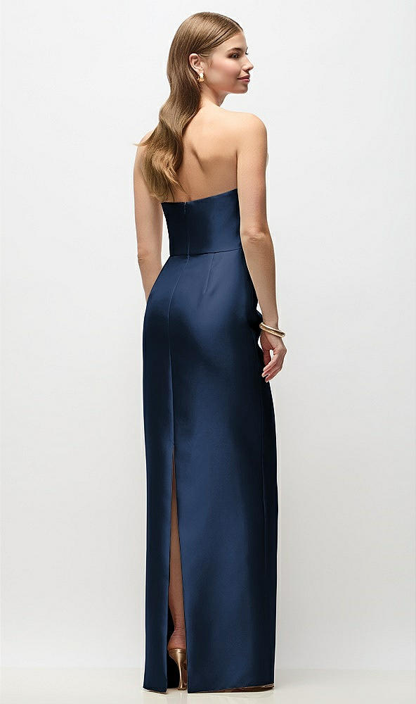 Back View - Midnight Navy Strapless Asymmetrical Draped Satin Column Maxi Dress