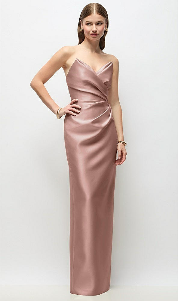 Front View - Neu Nude Strapless Asymmetrical Draped Satin Column Maxi Dress