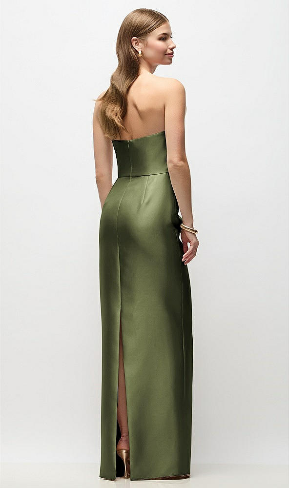 Back View - Olive Green Strapless Asymmetrical Draped Satin Column Maxi Dress