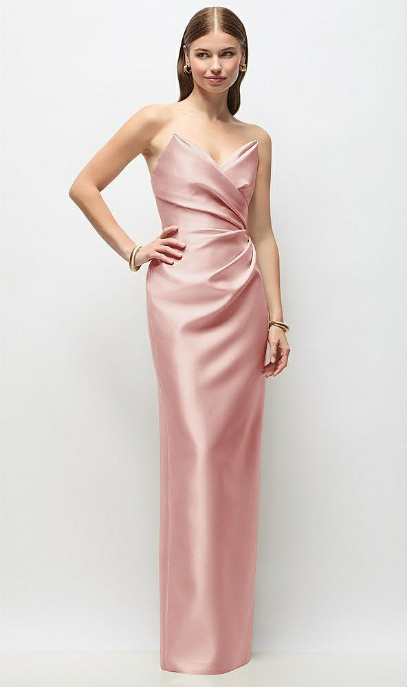 Front View - Rose Strapless Asymmetrical Draped Satin Column Maxi Dress