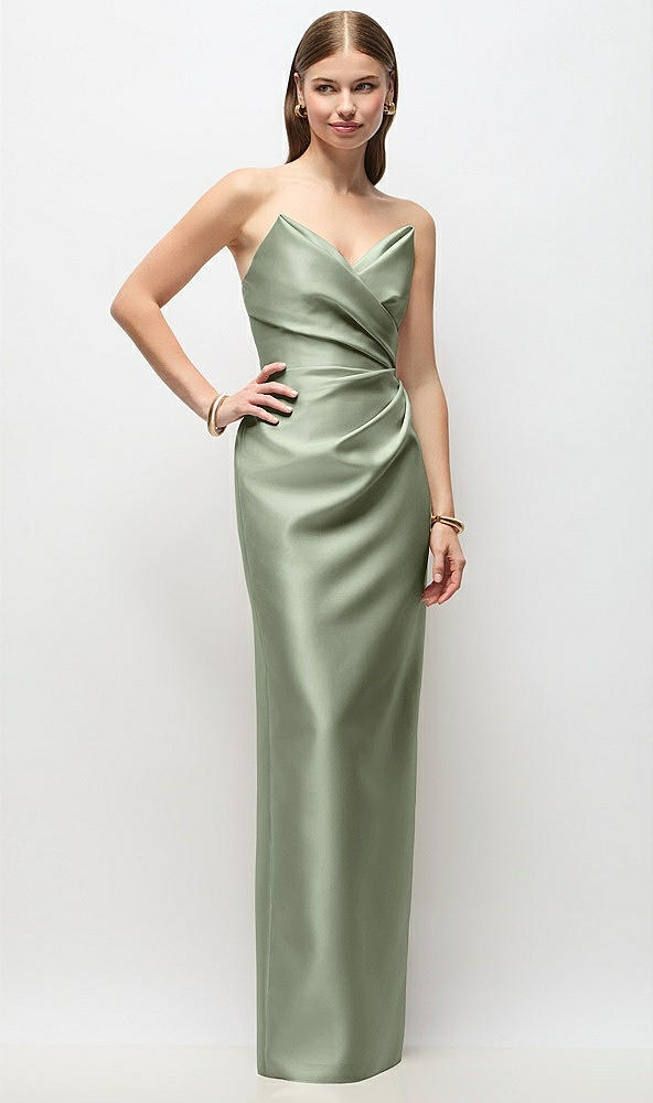 Front View - Sage Strapless Asymmetrical Draped Satin Column Maxi Dress