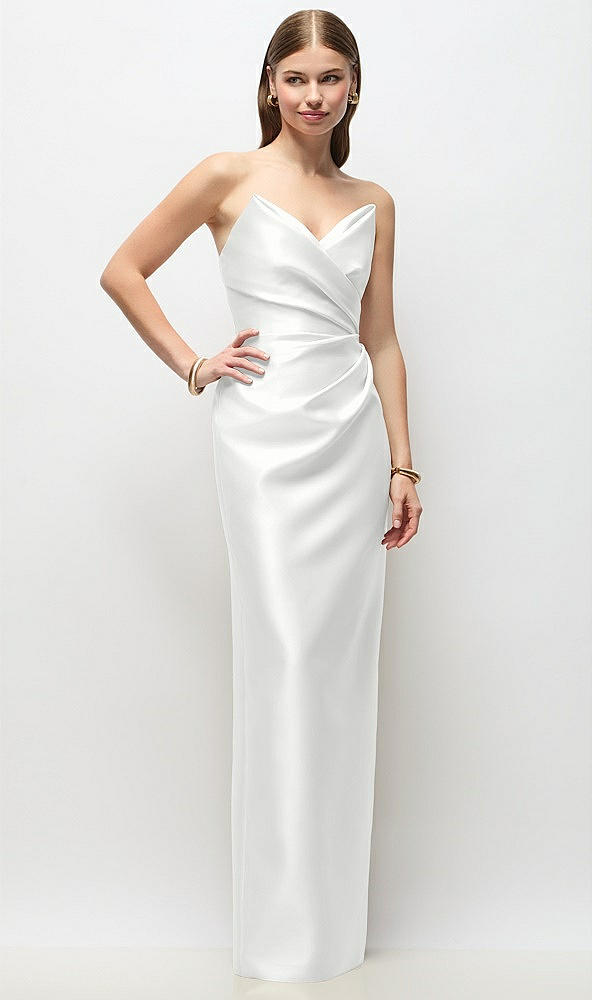 Front View - White Strapless Asymmetrical Draped Satin Column Maxi Dress