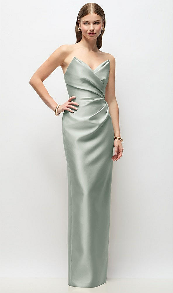 Front View - Willow Green Strapless Asymmetrical Draped Satin Column Maxi Dress
