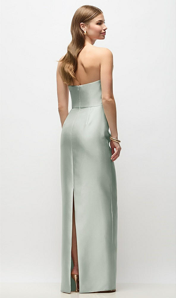Back View - Willow Green Strapless Asymmetrical Draped Satin Column Maxi Dress