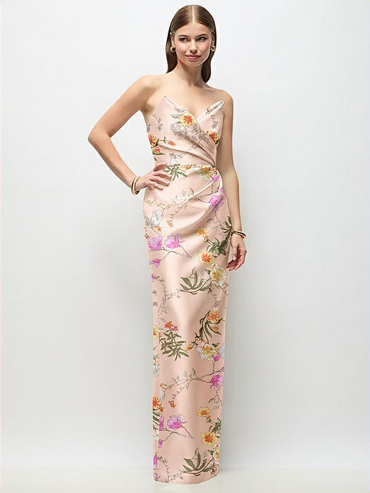 Strapless Asymmetrical Draped Satin Column Floral Maxi Dress